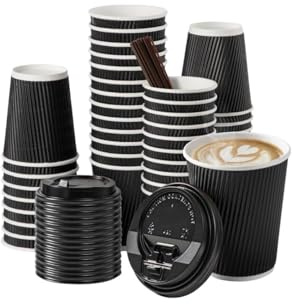 George Pack 500 x 10oz Disposable Ripple Black Triple Walled Paper Black Cups with Lids 10 Ounce (for Tea, Coffee, Cappuccino Hot Drinks, Takeaway & More) for Hot and Cold Drinks 10 oz 500 Pack