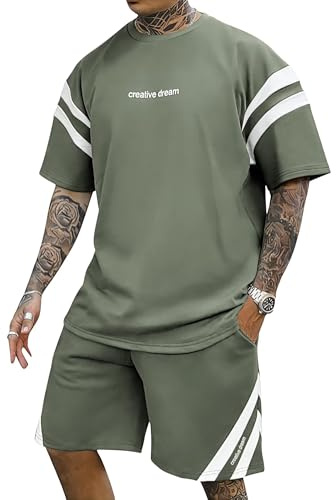 Remxi Herren Trainingsanzug Set Sommer Shorts 2 teiliges Set für Männer Gestreiftes T-Shirt Kurze Hose Jogginganzug Sportanzug Tracksuit armygrün L