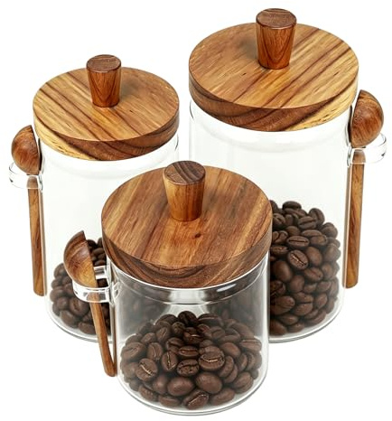 Sixfolo 3 Piezas Tarro Cristal con Tapa Madera y Cuchara 400ml 600ml 900ml