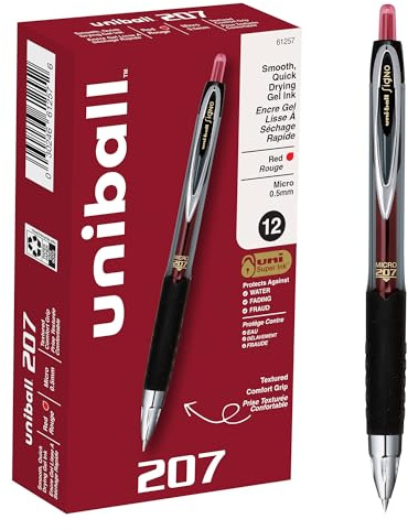 uniball™ 207 Gel Pens, Red Ink, 0.5mm Micro Point, Retractable, 12 Count