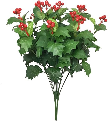 Htmeing Lot DE 2 Feuilles de Fleurs artificielles Houx buissons Spray Baies de Noël Maison Décoration de Fête