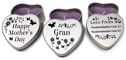 Set of 3 Personalised Mother’s Day Candles. Set of 3 Silver Mini Heart tins Filled with Purple tealight Style Candles. 3 Designs to Choose from. Customisable. (Gran)