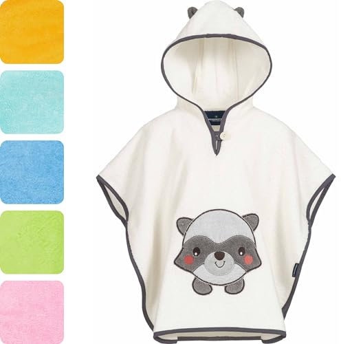 Morgenstern Badeponcho mit Kapuze Kinder Baby 1-5 Jahre Mädchen Jungen 100% Baumwolle Frottee OEKO TEX® Handtuch Badetuch Poncho Kapuzenhandtuch Bademantel Waschbär