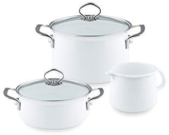 Riess, 0520-033, Starter-Set 3-teilig, NOUVELLE - ARCTICWEISS, bestehend aus: Fleischtopf mit Glasdeckel 20 cm, Kasserolle mit Glasdeckel 16 cm, Schnabeltopf 12 cm, Emaille, Kochtopf Set Induktion