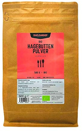 DIACLEANSHOP Bio Hagebutten Pulver 500g Rohkost Für Smoothie Tee Müsli | Ganze Frucht Gemahlen Bio Qualität Rosa Canina Wiederverschließbar