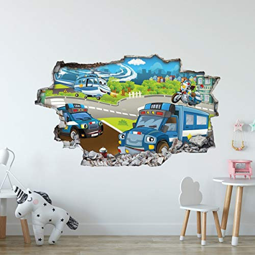 GRAVURZEILE Wandtattoo Kinderzimmer im Polizei & Polizeiauto Design - Wandsticker Wandaufkleber - 3D Wanddurchbruch & Deko - Größe ca. 115 x 70 cm Farbe Polizei V1