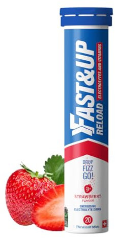 Fast&Up Reload –Strawberry Flavour – 20 Effervescent Tablets – Instant Electrolytes for Rapid Hydration & Energy - Added Vitamin C & B12 for Performance, Wellbeing, Travel & Recovery – Vegan