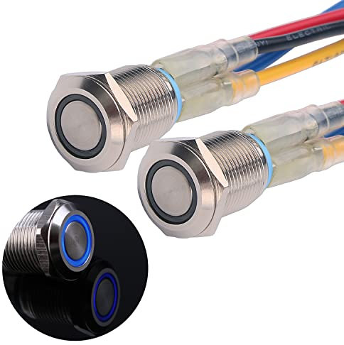 JIQI 2× 12mm Momentane Metall Druckschalter 12V bis 24V 2A Momentary Push Button Switch mit LED-Leuchte IP66 1NO Tastende wasserdichte Taster Drucktaster für Boot LKW RV Auto(Blau)