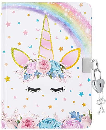 WERNNSAI Unicorn Kids Diary for Girls - Glitter Hardcover Journal Girls Notebook for Kids Gift School Office Private Secret Diary A5 Lined Memos Writing Drawing Notepad with Lock and Keys
