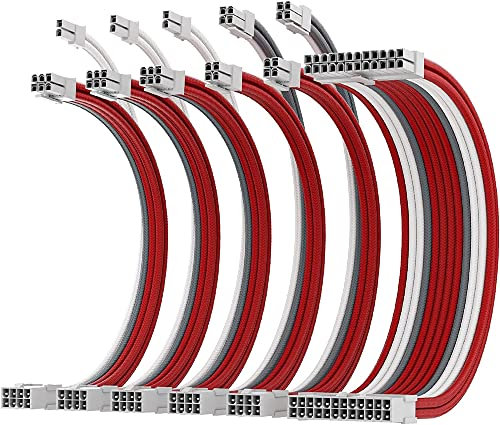 AsiaHorse Aktualisierung 16AWG Sleeved Cable Kit für PC/GPU/CPU, PSU Kabelverlängerung, PC Netzteil Extensions Kabel mit Kabelkämmen,24PIN/(6+2) PIN/(4+4) PIN Kabelmanagment, 30CM, Rot+Grau+Weiß