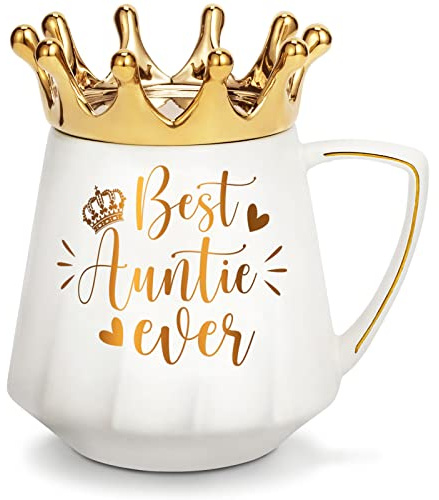 Best Aunt Gifts from Niece Nephew, Mothers Day Gifts for Aunt Auntie Gift, Best Auntie Ever Queen Ceramic Coffee Mug Aunts Cup 12Oz with Crown Lid, Aunts Birthday Mothers Day Gift for Aunties