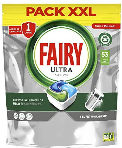 Fairy Ultra Original Todo en Uno Pastillas Lavavajillas, 53 cápsulas, Elimina Acumulacion Grasa en Lavavajillas, Aroma Limpio y Fresco