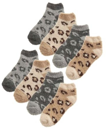 8 Pair Multipack Womens Fluffy Ankle Socks | Novelty Animal Print Socks for Ladies