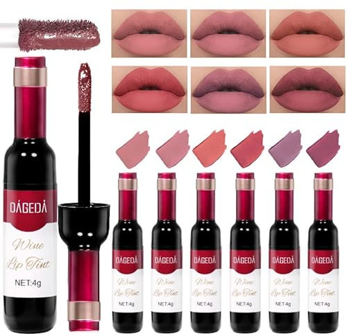 Prreal 6Pcs Wine Lip Tint, Matte Lipstick Lip Stain Set Long Lasting Waterproof 8 Colors Velvety Liquid Wine Bottle Lip Gloss, Non-stick Cup Lip Makeup Kit for Girls Women