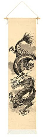 Hanging Poster Canvas Wall Art Painting of Chinese Dragon Tapestry Ink And Watercolor Effect Wall Tapestry With 2 Tassels And Wooden Hanging Rod Wall Decor Tapestry Decoration For Room (Style-A)