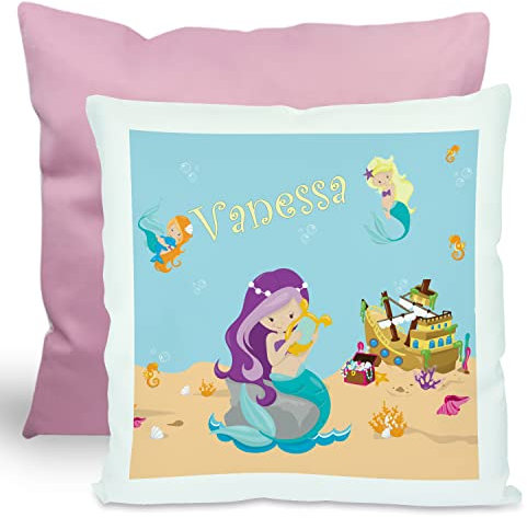 CreaDesign, Kinder Kissen 40x40 cm personalisiert mit Namen, Kinderzimmer Deko Kissen Kinder mit Füllung Federn, Motiv Meerjungfrau, Rückenfarbe Rosa