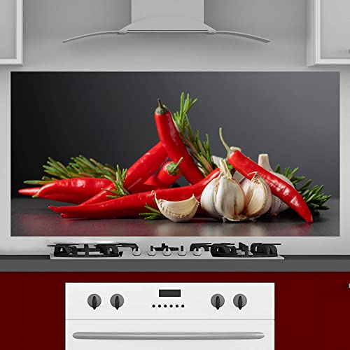INDIGOS UG Küchenrückwand Platte für Fliesenspiegel - Chili mit Knoblauch - 130x50 cm - Spritzschutz Aluverbundplatte hitzebeständig - Rückwand Küche modern abwischbar - Herd & Ofen - Wandverkleidung