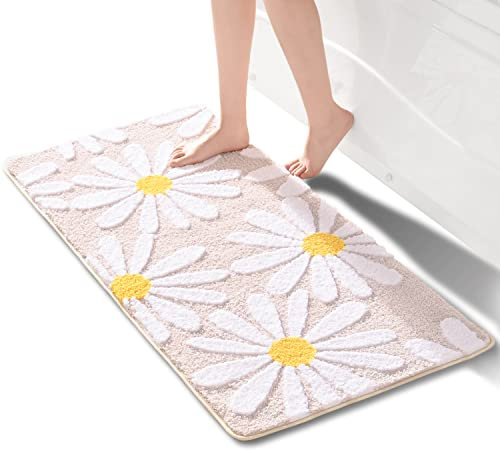 QJHOMO Beige Badezimmerteppich Niedliche Gänseblümchen Badematte rutschfest Waschbar Badteppich Weiße und Gelbe Blume Badvorleger Weiche Duschvorleger Absorbierende Badezimmer Teppich 60x120 cm