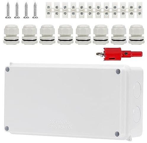 IP65 Wasserdichter Aufputz-Abzweigkasten,Wasserdichte ABS-Abzweigdos,Verdrahtungsklemme,M24 wasserdichte Kabelverschraubungen,Dichtungsgehäuse,Externer Elektroanschlusskasten, weiß (20 * 10 * 7cm)