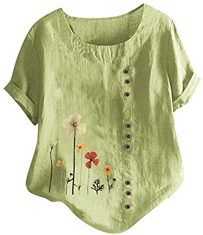 KOG Damen T-Shirt Fashion Leinenhemd Hemd Elegante Kurzarm T-Shirts Frau Tee Shirt Freizeit Tie-Dye Muster Bekleidung S - 5XL