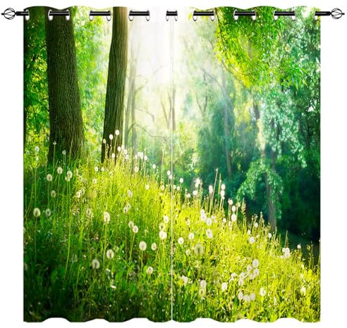 YUANZU Natur Vorhänge Frühling Park mit grünem Gras Bäumen Ösen Gardinen mit Blickdichte Vorhang Kälteschutz Blackout Curtain Wohnzimmer Schlafzimmer Verdunkelung Fenster, 2 Stück, H 175 x B 140 cm