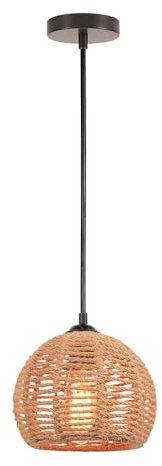 LIGKIN Pendelleuchte Rattan Vintage E27 Kronleuchter Retro Hängelampe Boho Lampenschirm Schirm Metallkäfig und Hanfseil Hängeleuchte für Wohnzimmer Zimmer Schlafzimmer Küche, Ø20cm