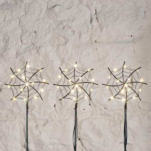 Lights4fun 3er Set LED Halloween Spinnennetz Stableuchten 39cm Halloween Deko Outdoor Außen Deko Halloween Spinnenweben Beleuchtet Garten Deko Halloween