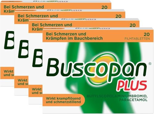 Buscopan® PLUS Filmtabletten 4 x 20 Stück mit Paracetamol bei stärkeren Schmerzen und Krämpfen im Bauchbereich