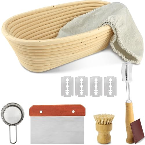 Banneton Basket Set for Sourdough Bread Baking - 10 Oval Proofing Basket Kit with Lame, Scraper, Sifter & Brush | Complete Starter Kit for Home Bakers & Artisans | Natural Rattan Gift-Ready Packaging