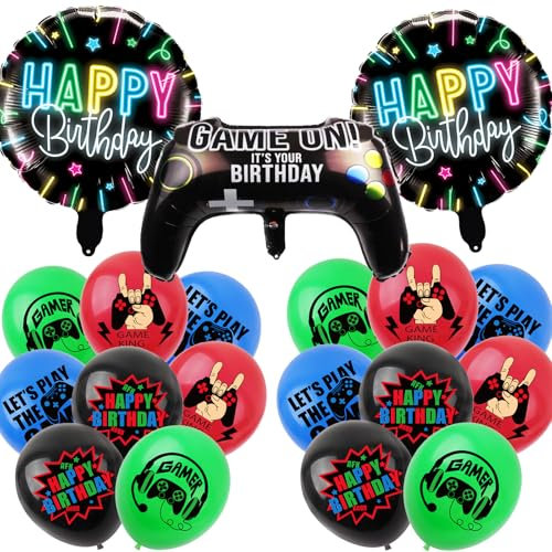 KOBOKO Happy Birthday Ballon Gamer Deko, 19 Stücke Geburtstagsdeko Jungen Gaming Deko, Deko Geburtstag Junge Videospiel Folienballons, Helium Ballons Geburtstag Deko Junge für Kindergeburtstag Party