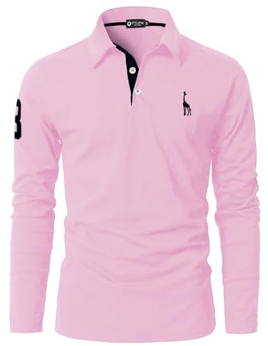 STTLZMC Casual Polo Homme Manche Longue T-Shirt Coupe Mince Slim Fit Col Contrasté Tops T78 Rose L