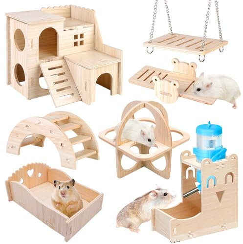 Spielzeug für Hamster aus Holz, 8 Stück DIY Hamster Spielzeug, Hamster Kauspielzeug Hamster Versteck Haus Brücke Wippe Schaukel Trainingspielzeug Hamster Zubehör für Den Käfig für Rennmäuse Ratten (8)