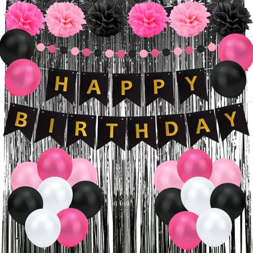 Décoration d'Anniversaire de Fille Noires et Roses, Décorations d'Anniversaire Rose Vif avec Bannière Happy Birthday Pompons Rideau en Aluminium Ballon Bobine pour Fournitures de Fête