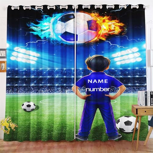 Fadaing Fußball Vorhänge Blickdicht Verdunkelungsvorhänge Fußball Mit Ösen, Personalisierte Fußball Vorhang Gardinen Verdunklungsgardine 2er Set Für Kinder Jungen (183x160cm(BxH)/ 91.5x160cmx2,1)