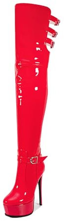 Stivali Sopra Il Ginocchio Da Donna, Plateau Alto Alla Coscia Tacco A Spillo Tinta Unita Stivali Lunghi Con Cerniera Posteriore Punta Tonda Di Grandi Dimensioni 15 Cm/5,90 Pollici , 38 EU , Red