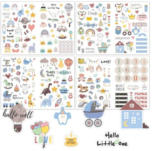 212 Stickers 4 Stück Babyalbum,aufkleber für Kinder und Baby Fotoalben, 8 Bögen Din-A4 DIY Scrapbooking aufkleber zum Gestalten, Baby-Scrapbook-aufkleber mit 1 Stück Ellenbogenpinzette