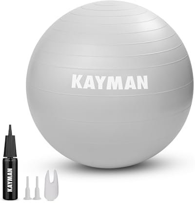 KAYMAN 55cm Exercise Ball Grey - Anti-Burst System, Non-Slip Rings, Durable Material, Easy to Inflate, Perfect for Yoga, Pilates, Fitness, Balance Training, Gym, and Home Workouts.