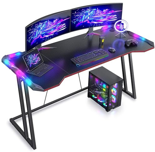 CubiCubi Gaming Desk with LED Lights, 160 x 60cm RGB Computer Desk Z Shape, Gaming Table for Home Office, Black