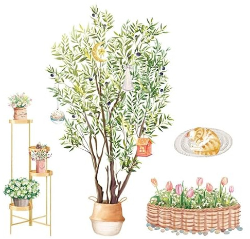 Garden Wall Decal Set, Olive Tree with Decorations, Plant Stand and Flower Basket, 83 x 80.5 cm