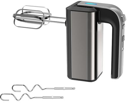 Stainless Steel Hand Mixer, 5 Speed Portable Kitchen Mixer Electric, Stainless Steel Electric Hand Whisk, for Baking & Cooking, 300W, Includes Stainless Steel Whisks and Dough Hooks Attachment