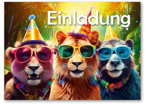 LIEBEVON 12x Einladungskarten Kindergeburtstag Tiere Dschungel Mädchen Junge Teenager - Partyeinladungen - A6