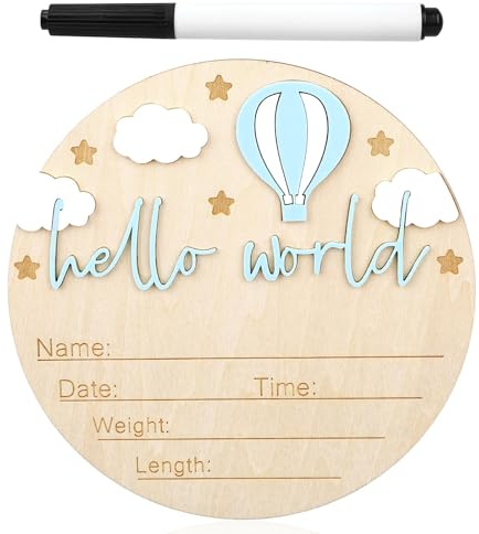 Holzschild mit Aufschrift Hello World für Neugeborene, Willkommensschild für Zuhause, Krankenhaus, Kindergarten, Geschenk (blau)