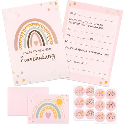 Huahuanghui 12× Einladung Einschulung Mädchen, Einladung Schulanfang Mädchen mit Umschläge, Regenbogen Herzform Motiven, Einladungen zum Schulanfang, Einladungskarten zur Einschulung für Kinder