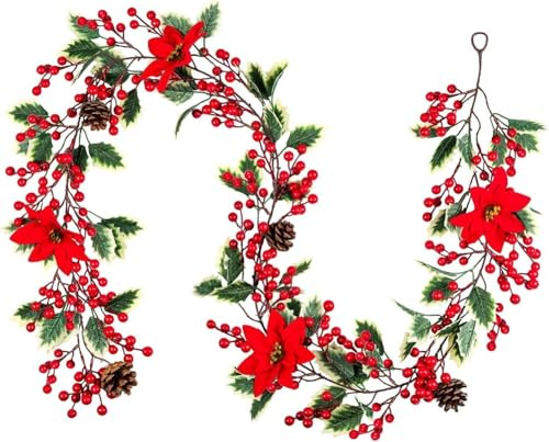 LATERN Roten Beeren Weihnachtsgirlande, 200CM Künstliche Weihnachtssterngirlande Flexible Grünem Girlande Garland mit Tannenzapfen und Stechpalmenblättern für Christmas Feiertage Party Dekoration