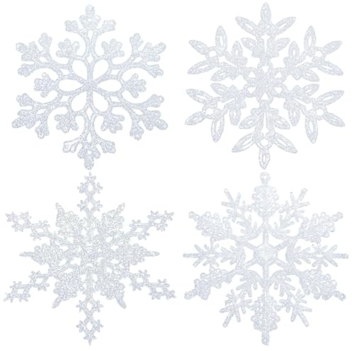 Noviatrix 24 Piece Glitter Snowflake Hanging Decorations, 4 Styles Glitter Snowflake Ornaments, Hanging Decorations for Christmas Trees, Cupboards and Staircases