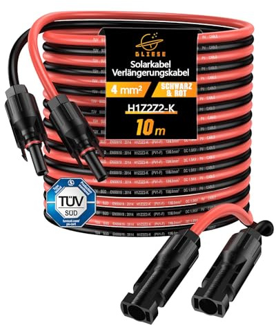 GLIESE Solarkabel 4mm²/6mm²,H1Z2Z2-K Solarkabel Verlängerung,PV Kabel,Solarkabel Verlängerungskabel Rot/Schwarz,PV Leitung für Solarpanel,Photovoltaik Adapterkabel (4mm² x 10m)