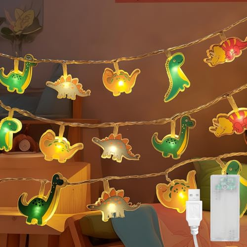 LEKEFETO Lichterkette Kinderzimmer LED Dino: 3M 20LEDs Blitz Lichterkette Innen, Lichterkette Batterie, USB Dinosaurier Lampe Für Kinderzimmer, Partydekoration, Weihnachten