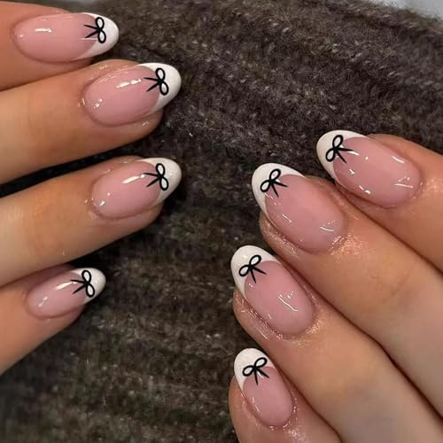 Short Press On False Nails, 24-Piece Pink French Tip Almond Bow Design | Glossy Translucent Finish, Coordinated Decorative Manicure, For Daily Wear, Social Events And Special Occasions