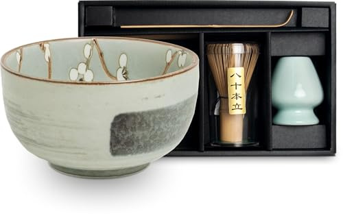 Matcha Set 4 tlg. Original japanische Schale mit Besen & Löffel Edo Japan Geschenkverpackung mit Matcha Besen Chasen, Matchabesen,Matchabesen Halter,Matcha Bambuslöffel Chashaku (Hana hellgrün)