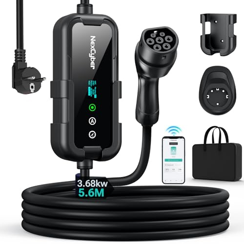 NexCyber Chargeur Voiture Electrique 3.68kW Mobile avec App & OLED, 5,6M monophasé 230V, 8-16A réglable, Prise CEE 20A 2 pôles IP66+FI, Type 2, Mural & Portable, pour Model 3/Y, ID.3, etc. BEV/PHEV